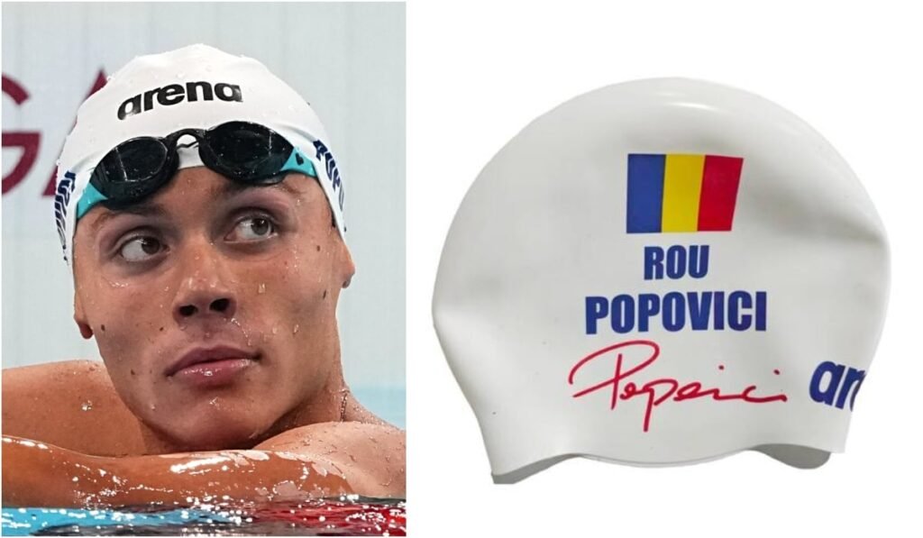 Casca de înot cu semnătura lui David Popovici se găsește pe site-urile cu articole sportive