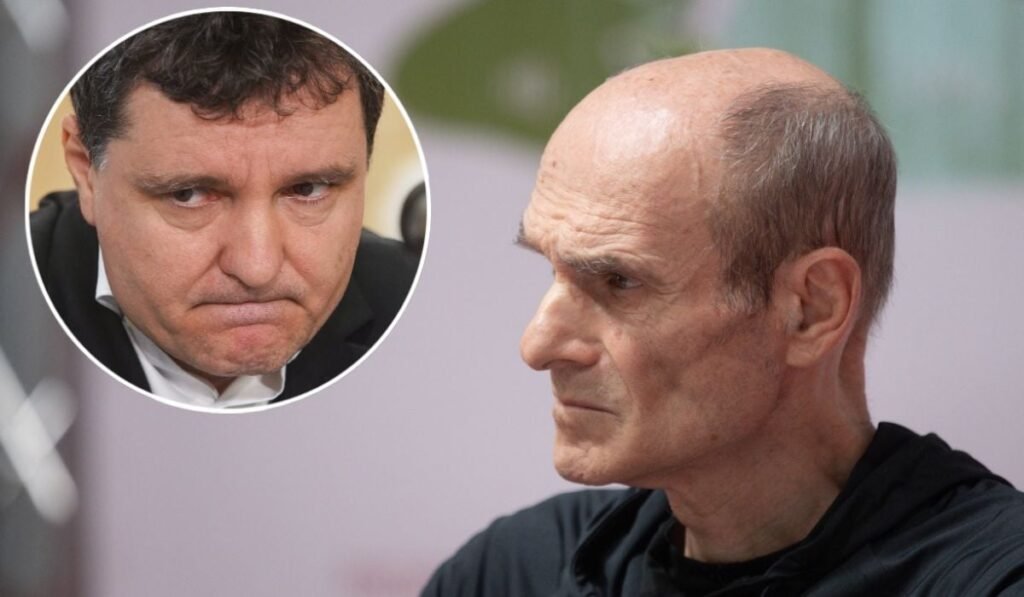 Cristian Tudor Popescu, îmbrăcat cu o bluză neagră, în dreapta, și Nicușor Dan, în medalion