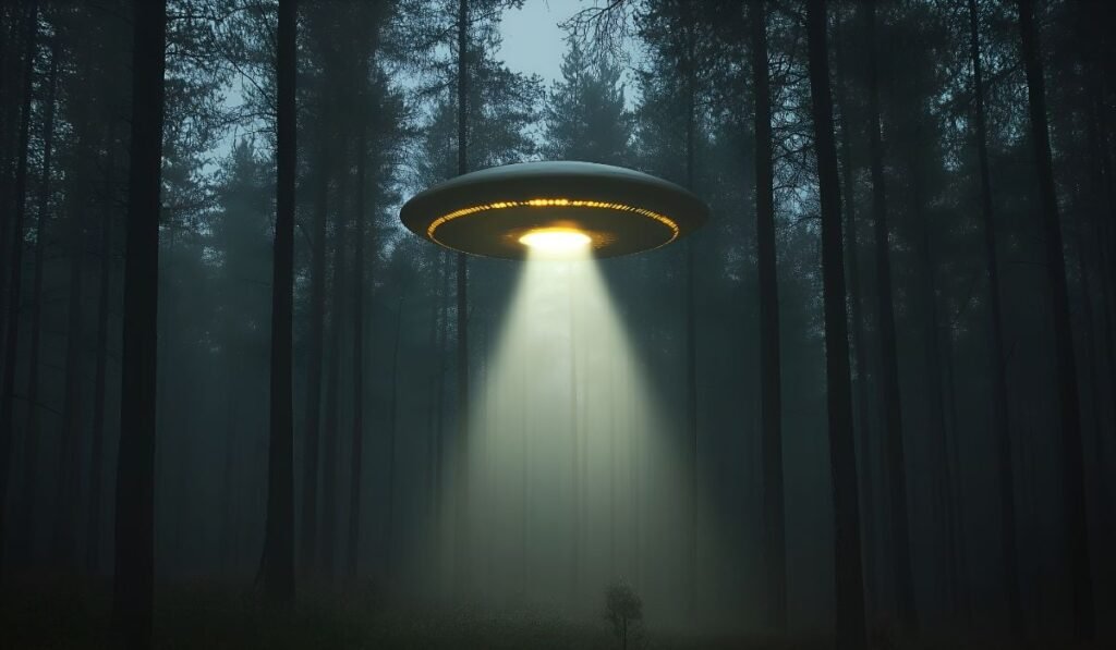 o pădure cu arbori înalți și subțiri. Printre trunchiurile copacilor, în partea superioară a imaginii, apare un OZN suspendat în aer. Din partea sa inferioară pornește o rază puternică de lumină, direcționată drept spre sol, luminând selectiv o zonă restrânsă din pădure