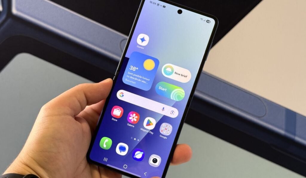 Un telefon Samsung Galaxy Z Fold7 în format pliat, ținut în mână în fața unui panou publicitar Samsung.