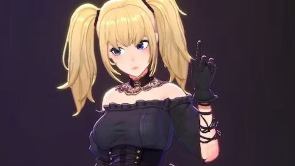 Modelul Ai Ani care ilustrează o tânără de 22 de ani, blonda, cu doua codite, in rochie neagra pe umeri, dantela la gat, manusi si degetul aratator de la mana stanga ridicat pe fundal negru