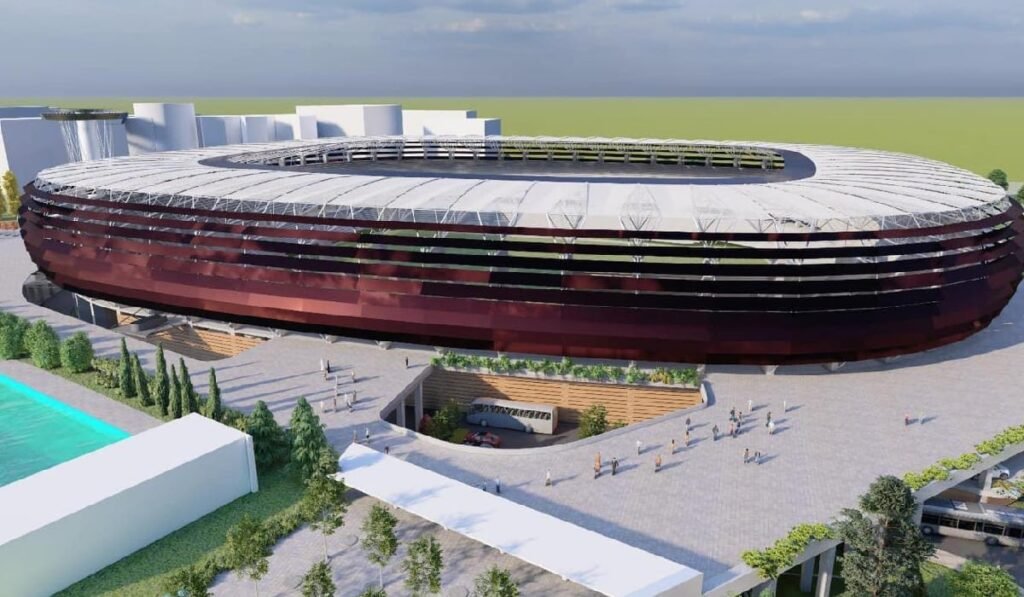 tramvai dedicat și parcare modernă Randarea viitorului stadion Dinamo, o construcție modernă, cu design oval și acoperiș parțial, amplasată într-un spațiu urbanizat.