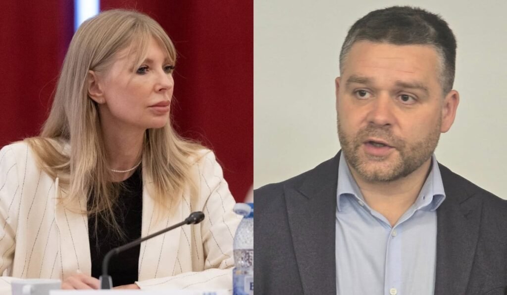 Un colaj cu Ciprian Ciucu și Viorica Stoiciu, senatoarea PSD poartă un sacou alb și privește într-o parte, iar el este îmbrăcat într-un costum gri