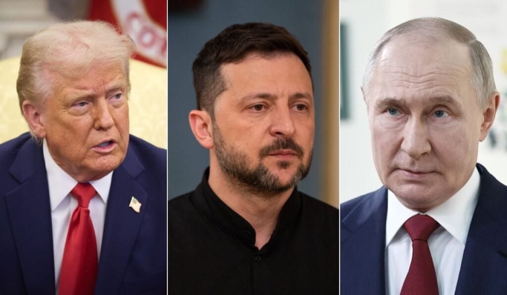 Colaj cu Donald Trump (stânga), Volodimir Zelenski (în centru) și Vladimir Putin Foto: Hepta