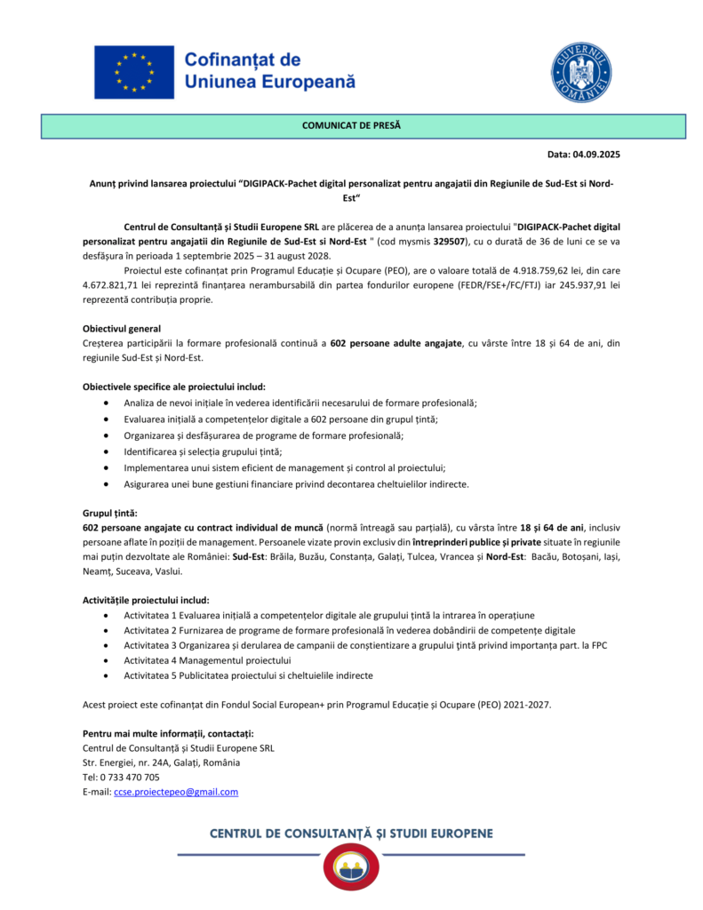 Anunț privind lansarea proiectului “DIGIPACK-Pachet digital personalizat pentru angajatii din Regiunile de Sud-Est si Nord-Est“