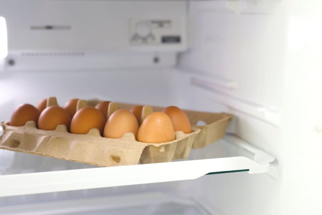 Imaginea arată o cutie de ouă maro, așezată pe un raft în interiorul unui frigider alb. Ouale sunt păstrate în suportul lor de carton, în partea centrală a frigiderului, unde temperatura este mai constantă.