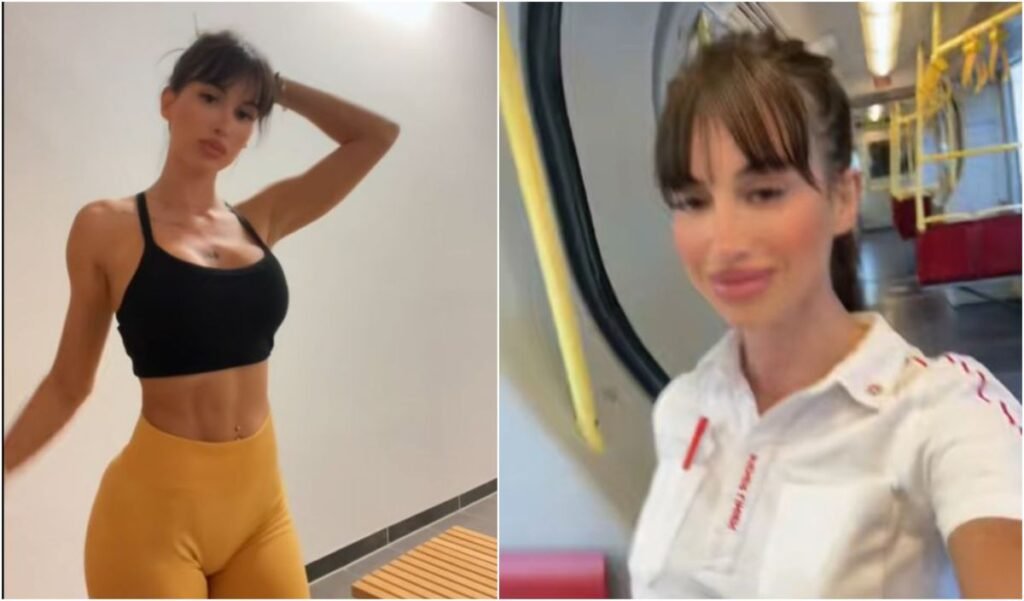 În partea stângă, o tânără îmbrăcată în pantaloni galbeni și maiou negru, în partea dreaptă aceeași femeie este în uniformă de vatmaniță și se plimbă într-un tramvai, în Viena