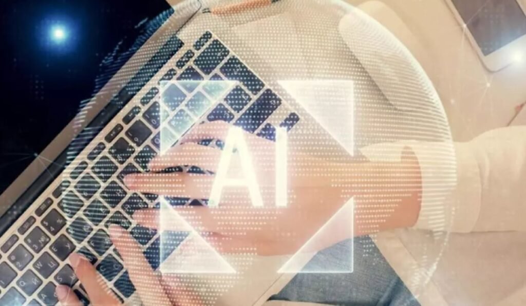 O persoană care tastează la un laptop, cu un element grafic suprapus care evidențiază literele „AI” (inteligență artificială)