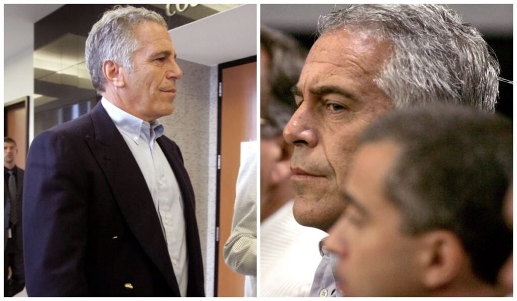 Jeffrey Epstein îmbrăcat în costum, în partea stângă, iar în partea dreaptă acesta este văzut din profil