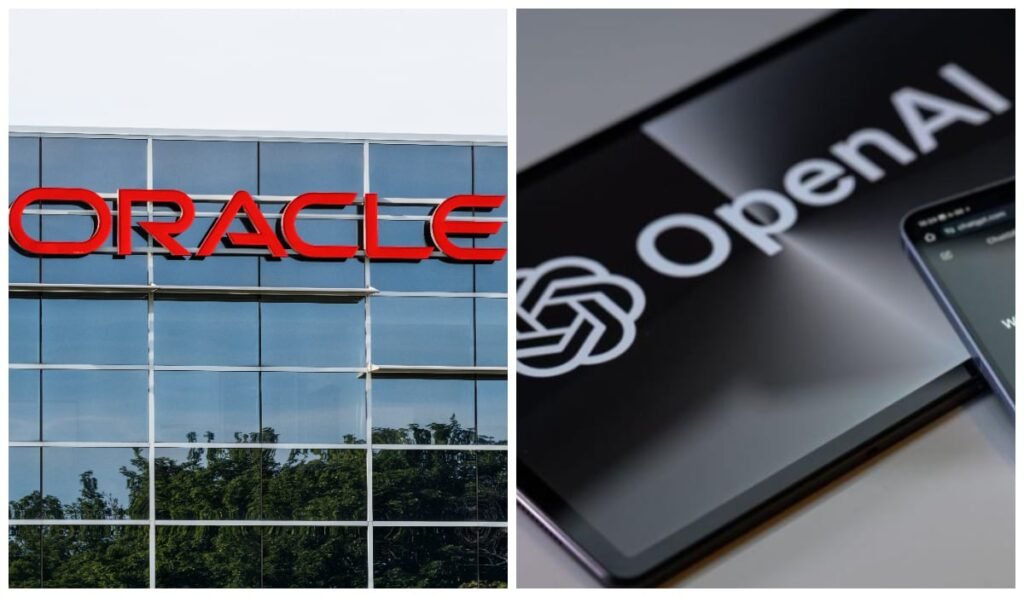 În partea stângă logo-ul Oracle pe o clădire, iar în partea dreaptă logo-ul OpenAI pe telefon