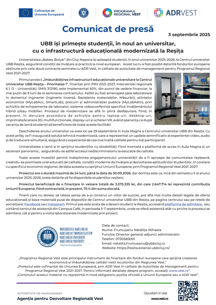 UBB își primește studenții, în noul an universitar, cu o infrastructură educațională modernizată la Reșița