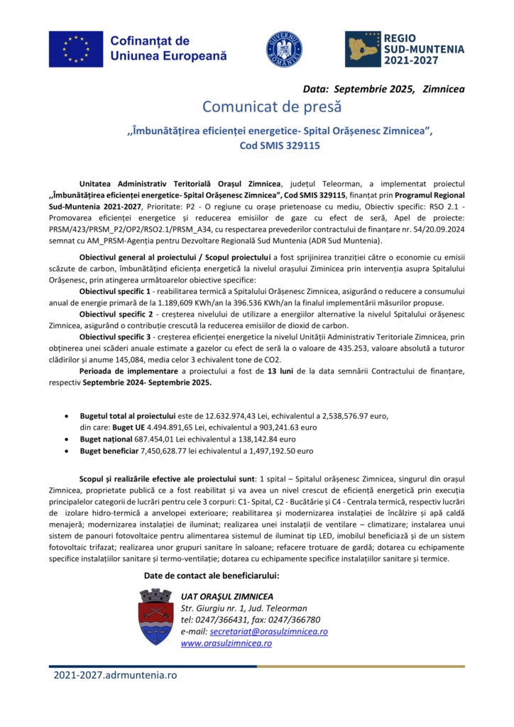 „Îmbunătățirea eficienței energetice- Spital Orășenesc Zimnicea”,Cod SMIS 329115