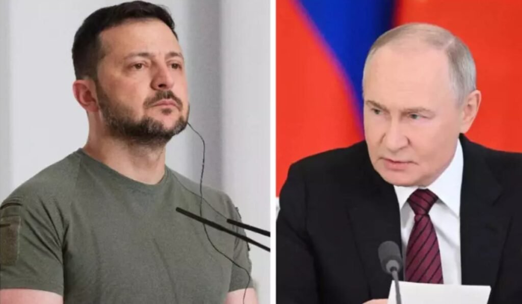 Volodimir Zelenski în partea stângă și Vladimir Putin în partea dreaptă