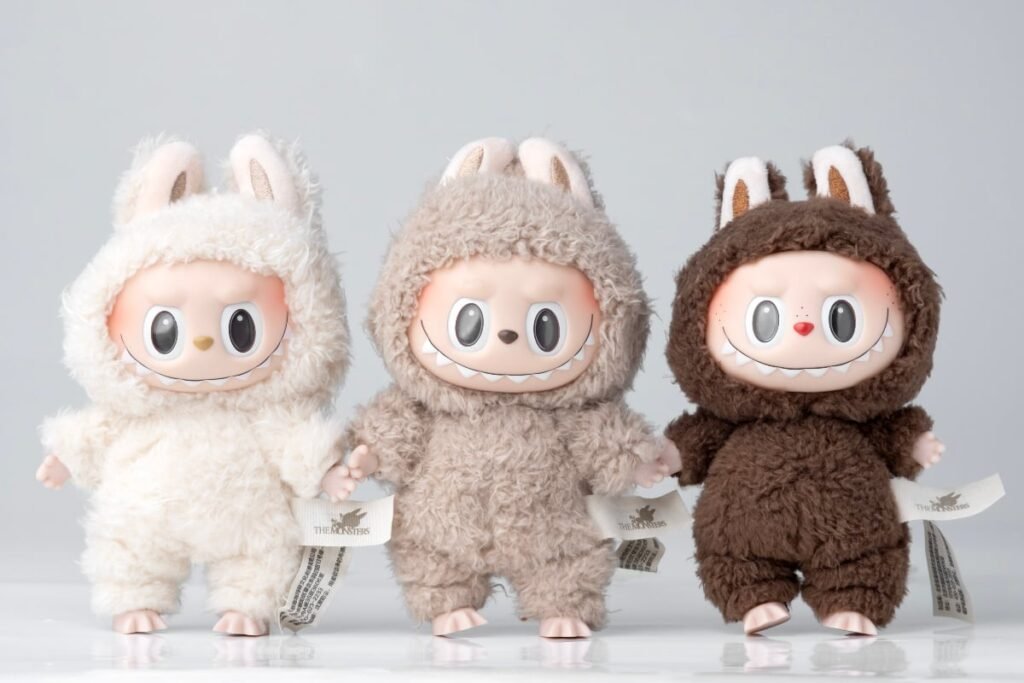 Imaginea prezintă trei jucării de pluș identice ca formă, dar de culori diferite – alb cremos, maro deschis (bej) și maro închis – care poartă haine pufoase cu glugi și urechi de iepure. Fiecare jucărie are o față mare și rotundă cu un zâmbet larg, ochi mari și lucioși și un nas mic, conferindu-le un aspect adorabil, dar ușor neobișnuit.