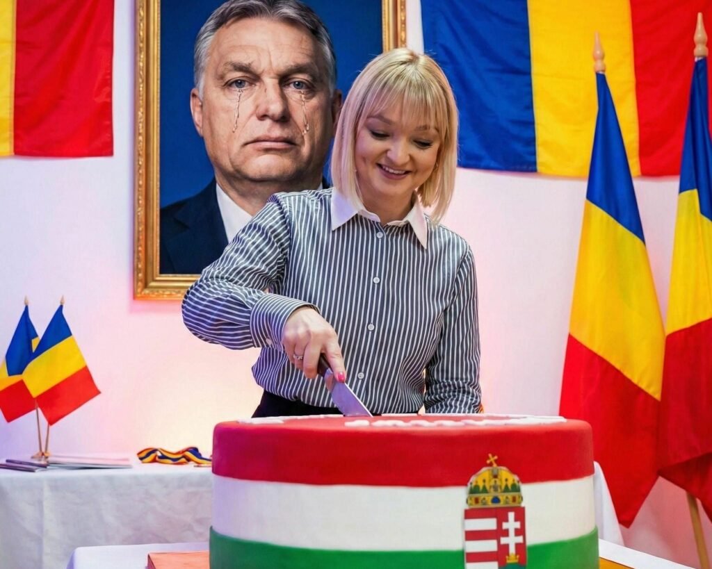 apare tăind un tort cu steagul Ungariei. În fundal, Viktor Orbán „plânge” într-o fotografie editată