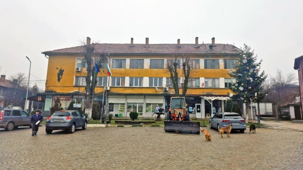 O imagine din orașul Plevna din Bulgaria. O cladire portocalie, in fata masini parcate, cativa oameni si cativa caini